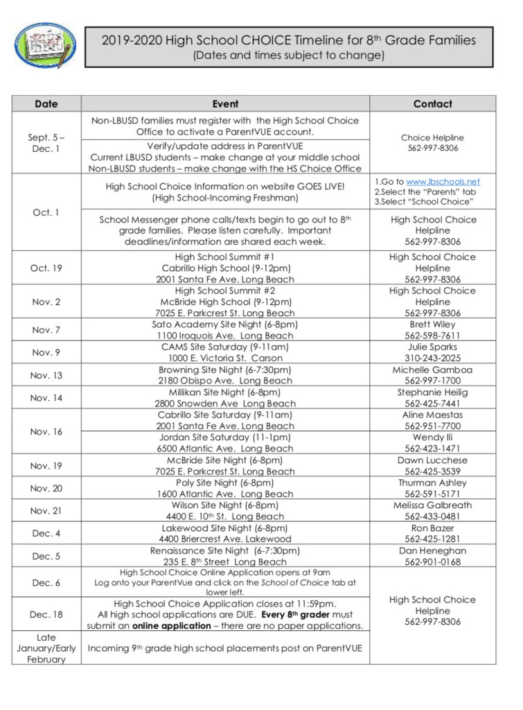 LBUSD informational timeline of dates related to the 2019-2020 8th to 9th Grade transition and school of choice process.