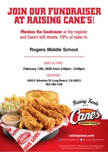 Rogers Middle School Dining for Dollars at Raising Cane's - LB Traffic Circle location - on Wednesday February 12, 2020 from 3 to 9 p.m.