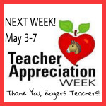 Rogers Middle School celebrates Teacher Appreciation Week May 3-7 2021. Image w heart apple and mustang on center w "Thank you rogers teachers!"