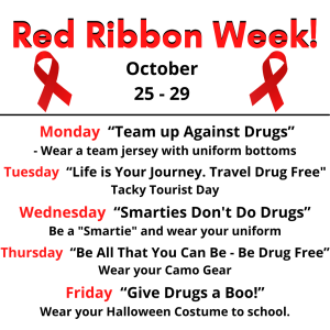 Red Ribbon Week at Rogers Middle School Oct 25-29 2021 special dress dates